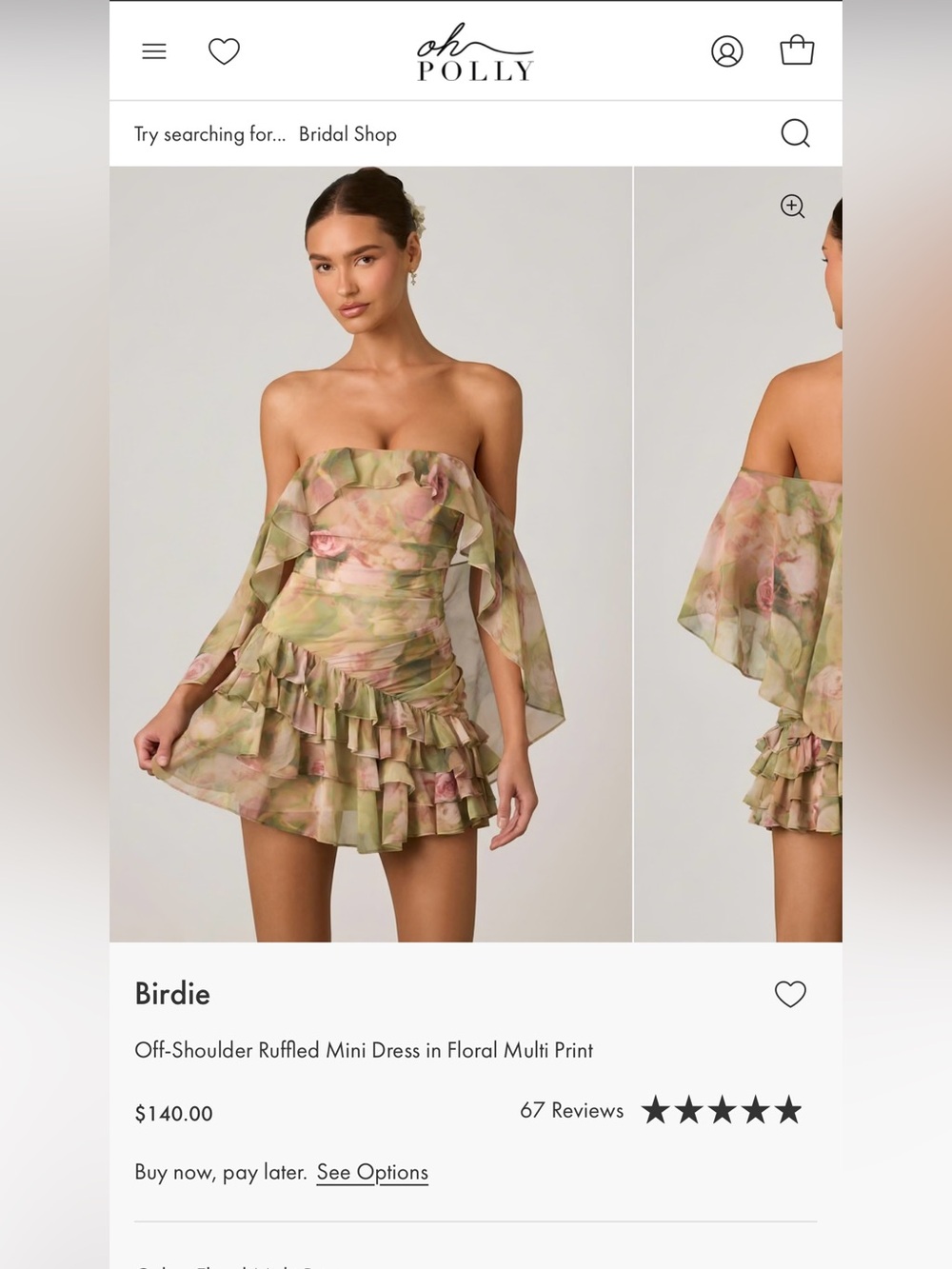 Oh Polly Off-Shoulder Ruffled Mini Dress in Pink and Green Floral